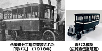 永楽町分工場で架装された「青バス」（1918年）／青バス模型（広報宣伝室所蔵）