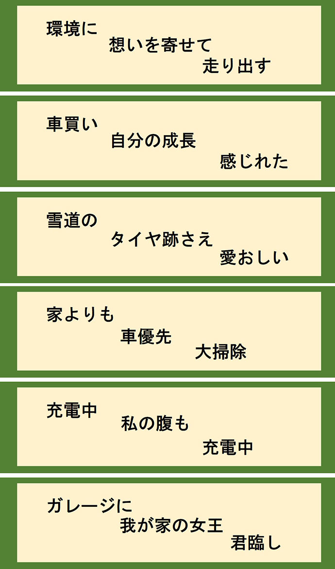 環境に 想いを寄せて 走り出す 車買い 自分の成長 感じれた 雪道の タイヤ跡さえ 愛おしい 家よりも 車優先 大掃除 充電中 私の腹も 充電中 ガレージに 我が家の女王 君臨し