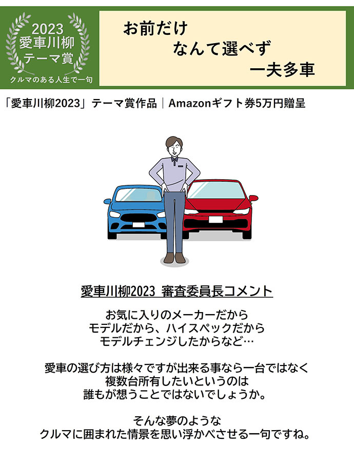 2023愛車川柳 テーマ賞 クルマのある人生で一句 お前だけ なんて選べず 一夫多車 「愛車川柳2023」テーマ賞作品 Amazonギフト券5万円贈呈 愛車川柳2023 審査委員長コメント お気に入りのメーカーだから モデルだから、ハイスペックだから モデルチェンジしたからなど… 愛車の選び方は様々ですが出来る事なら一台ではなく複数台所有したいというのは誰もが想うことではないでしょうか。 そんな夢のようなクルマに囲まれた情景を思い浮かべさせる一句ですね。