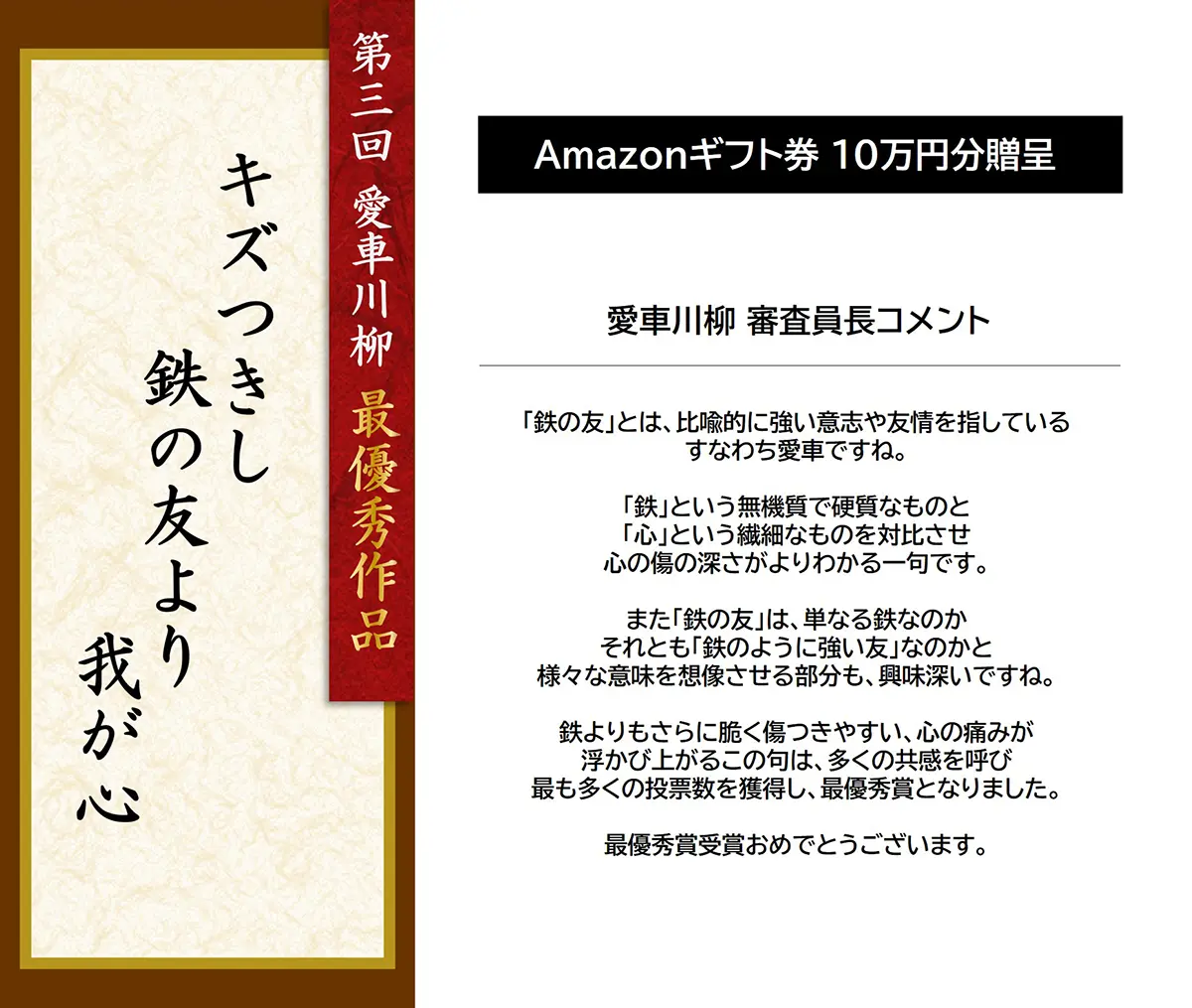 第3回 愛車川柳 最優秀作品「キズつきし 鉄の友より 我が心」 Amazonギフト券 10万円分贈呈 愛車川柳 審査員長コメント 「鉄の友」とは、比喩的に強い意志や友情を指しているすなわち愛車ですね。「鉄」という無機質で硬質なものと「心」という繊細なものを対比させ心の傷の深さがよりわかる一句です。また「鉄の友」は、単なる鉄なのかそれとも「鉄のように強い友」なのかと様々な意味を想像させる部分も、興味深いですね。鉄よりもさらに脆く傷つきやすい、心の痛みが浮かび上がるこの句は、多くの共感を呼び最も多くの投票数を獲得し、最優秀賞となりました。最優秀賞受賞おめでとうございます。
