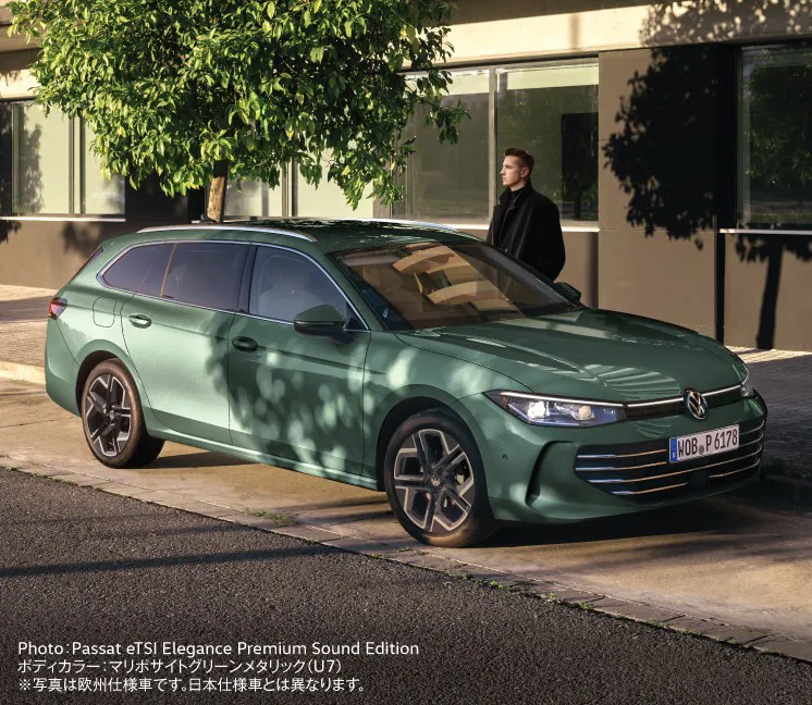 Photo:Passat eTSI Elegance Premium Sound Edition ボディカラー:マリポサイトグリーンメタリック(U7) ※写真は欧州仕様車です。日本仕様車とは異なります。